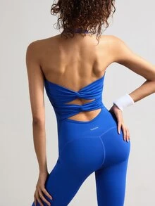 VARSIVA Women's Solid Color Pleated Casual Daily Outing Halter Neck Sports Jumpsuit - Blue - View 10