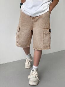 SHEIN Little Byeori Tween Boy Fashion Casual Y2k Vintage Cool The Workwear Pocket Design Loose And Comfortable Workwear Denim Shorts For Soft Daily-Wear And Summer And Spring Rave Festival And Beach - Khaki - View 6