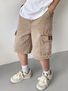 SHEIN Little Byeori Tween Boy Fashion Casual Y2k Vintage Cool The Workwear Pocket Design Loose And Comfortable Workwear Denim Shorts For Soft Daily-Wear And Summer And Spring Rave Festival And Beach - Khaki - View 5