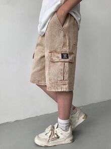 SHEIN Little Byeori Tween Boy Fashion Casual Y2k Vintage Cool The Workwear Pocket Design Loose And Comfortable Workwear Denim Shorts For Soft Daily-Wear And Summer And Spring Rave Festival And Beach - Khaki - View 7