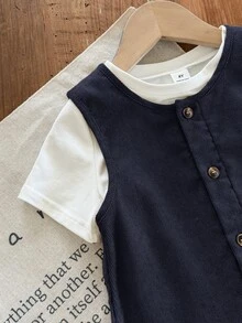 SHEIN Kids Young Boys Overalls Jumpsuit, Comfortable Versatile Casual Fashion Daily Cute Minimalist All-Match Style, Spring/Summer - Navy Blue - View 4