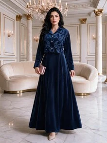 Veilorie Women's Paisley Embroidery Single-Breasted Short Jacket And Dress Elegant Arabic Outfit Set - Blue - View 1