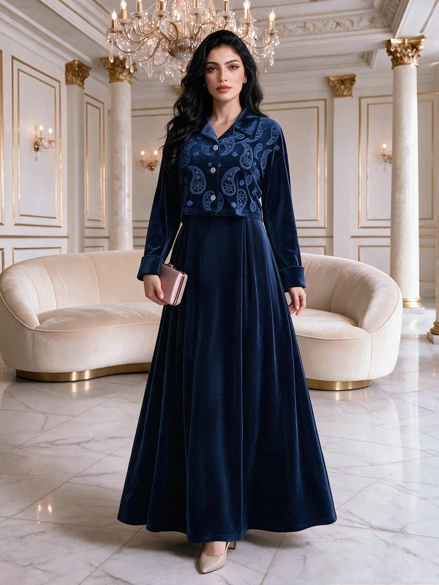 Veilorie Women's Paisley Embroidery Single-Breasted Short Jacket And Dress Elegant Arabic Outfit Set - Blue - View 1