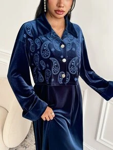 Veilorie Women's Paisley Embroidery Single-Breasted Short Jacket And Dress Elegant Arabic Outfit Set - Blue - View 8