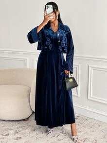 Veilorie Women's Paisley Embroidery Single-Breasted Short Jacket And Dress Elegant Arabic Outfit Set - Blue - View 6