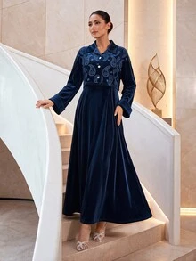 Veilorie Women's Paisley Embroidery Single-Breasted Short Jacket And Dress Elegant Arabic Outfit Set - Blue - View 2