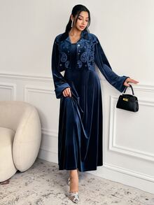 Veilorie Women's Paisley Embroidery Single-Breasted Short Jacket And Dress Elegant Arabic Outfit Set - Blue - View 3