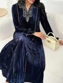 Al Najma Women's Elegant Embroidered Long Sleeve Arabian Dress - Blue - View 8
