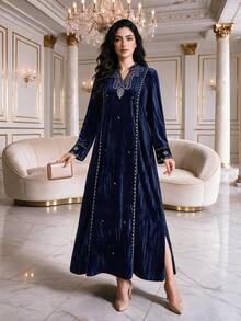 Al Najma Women's Elegant Embroidered Long Sleeve Arabian Dress - Blue - View 1