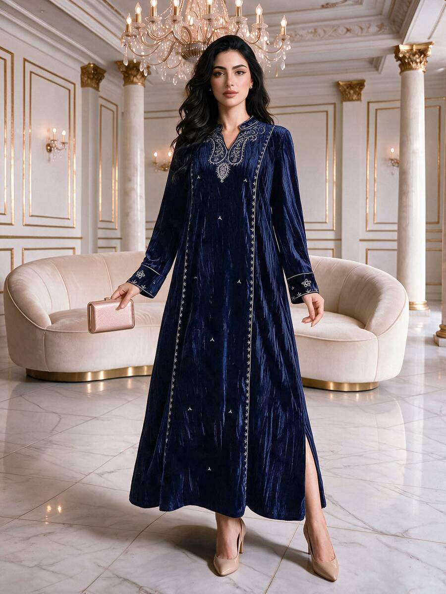 Al Najma Women's Elegant Embroidered Long Sleeve Arabian Dress - Blue - View 1