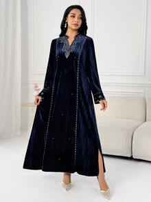 Al Najma Women's Elegant Embroidered Long Sleeve Arabian Dress - Blue - View 5