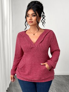 Elenzga بلوزة رياضية نسائية مقاس كبير فاخرة مريحة كاجوال بقصة فضفاضة للخريف/الشتاء متعددة الاستخدامات جديدة باللون الأحمر التوتي، تصميم مضلع منسوج ناعم، بياقة V صغيرة مفتوحة جزئياً، جيب كنغر، أكمام طويلة مع حافة مطوية عند المعصم والخصر، مناسبة للتنقل والارتداء اليومي والخروجات الكاجوال، يمكن ارتداؤها بمفردها أو كطبقة داخلية - روز أحمر - مشاهدة 3