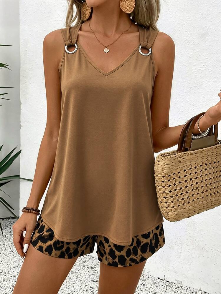 SHEIN LUNE V-Neck Sleeveless Casual Tropical Minimalist Shades Of Brown Zebra Print Women's 2 Pieces Set Beach Vacation Summer - Khaki - View 6
