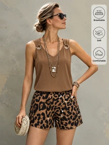 Omancia V領無袖休閒熱帶極簡風棕色系斑馬紋女款兩件套，海灘度假夏季穿搭 - 卡其色 - 查看 1