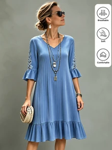 Omancia Women's Textured 3D Floral Ruffle Sleeve V-Neck Casual Elegant Dress - Baby Blue - View 1