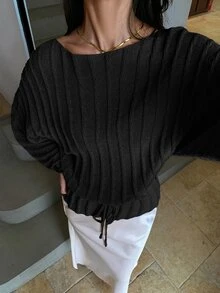 Struktiv 女款夏季透視蝙蝠袖杏色針織毛衣 - 黑色 - 查看 2