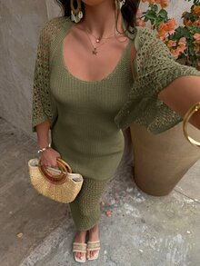 Struktiv 春夏新款度假风穿搭，镂空针织披肩和吊带连衣裙套装，女士毛衣两件套 - 軍綠色 - 查看 4