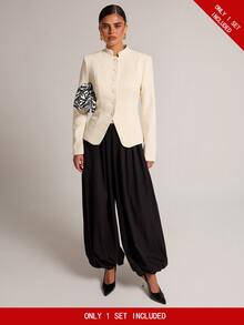 SHEIN BAE Cream White Stand Collar Frog Button Blazer Pants Set, Elegant Casual Long Sleeve Two Pieces Suit Work Dinner Office Business Party Fall, Vintage - Apricot - View 1