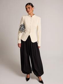 SHEIN BAE Cream White Stand Collar Frog Button Blazer Pants Set, Elegant Casual Long Sleeve Two Pieces Suit Work Dinner Office Business Party Fall, Vintage - Apricot - View 5