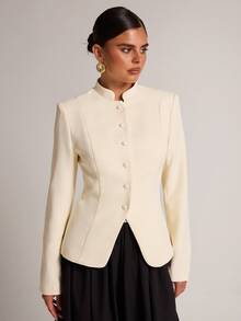 SHEIN BAE Cream White Stand Collar Frog Button Blazer Pants Set, Elegant Casual Long Sleeve Two Pieces Suit Work Dinner Office Business Party Fall, Vintage - Apricot - View 6