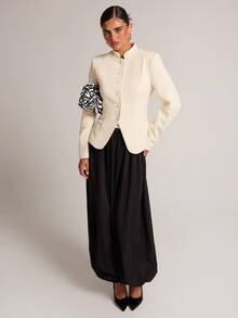 SHEIN BAE Cream White Stand Collar Frog Button Blazer Pants Set, Elegant Casual Long Sleeve Two Pieces Suit Work Dinner Office Business Party Fall, Vintage - Apricot - View 3