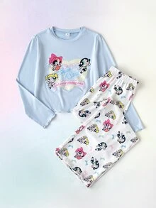 THE POWERPUFF GIRLS X SHEIN Tween Girl Cute Kids Minimalist Pastel Rainbow White Cartoon Pattern Round Neck Ruffle Long Sleeve Long Pants Pajama Set Holiday Fall - Multicolor - View 6