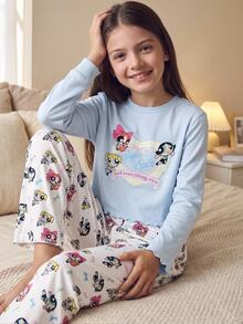 THE POWERPUFF GIRLS X SHEIN Tween Girl Cute Kids Minimalist Pastel Rainbow White Cartoon Pattern Round Neck Ruffle Long Sleeve Long Pants Pajama Set Holiday Fall - Multicolor - View 7