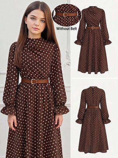 SHEIN Serisse Kids Rochie lungă nouă pentru fete tween, toamnă/iarnă, casual elegantă, versatilă, cu imprimeu în polcă maro și alb, umeri cu volane, talie strânsă, mânecă lungă, pentru purtare zilnică, potrivită pentru ceremonii, petreceri și toate ocaziile
