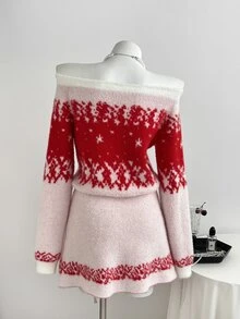 Elamini Women's Autumn/Winter Color Block Off-Shoulder Long Sleeve Fashion Knit Dress - Pink - View 2