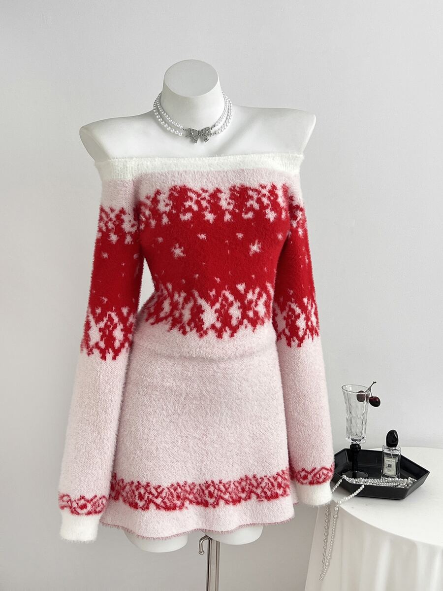 Elamini Women's Autumn/Winter Color Block Off-Shoulder Long Sleeve Fashion Knit Dress - Pink - View 1
