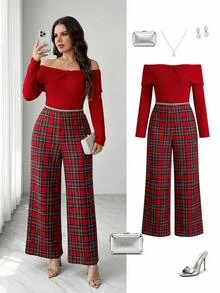 SHEIN Clasi جمبسوت حفلات ومناسبات مقاس كبير للخريف/الشتاء والكريسماس، مكشوف الكتفين، بتصميم رقعات كاروهات باللون البرغندي - عنابي اللون - مشاهدة 7