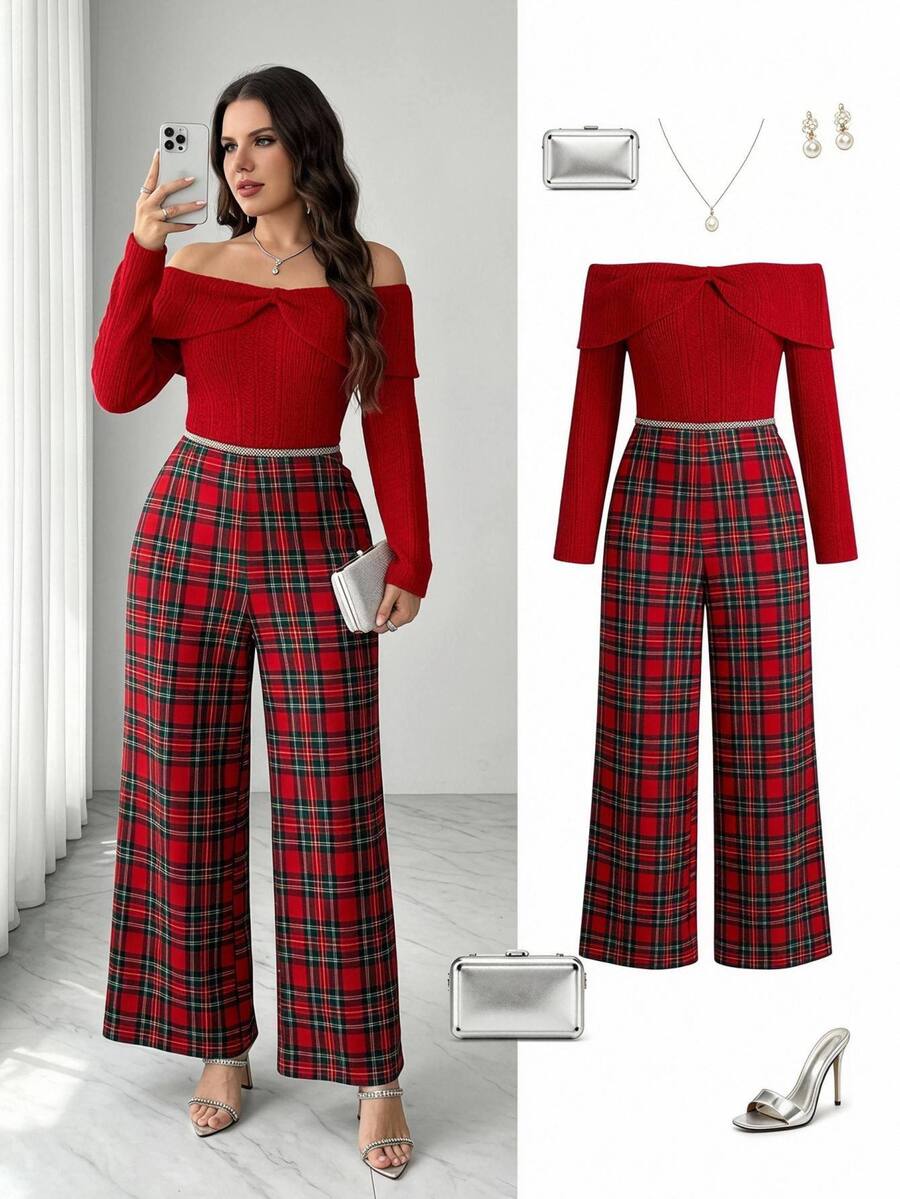 SHEIN Clasi Plus Size Autumn/Winter Christmas Off-Shoulder Patchwork Plaid Burgundy Party Banquet Jumpsuit - Burgundy - View 1
