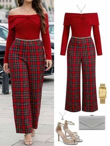SHEIN Clasi جمبسوت حفلات ومناسبات مقاس كبير للخريف/الشتاء والكريسماس، مكشوف الكتفين، بتصميم رقعات كاروهات باللون البرغندي - عنابي اللون - مشاهدة 8