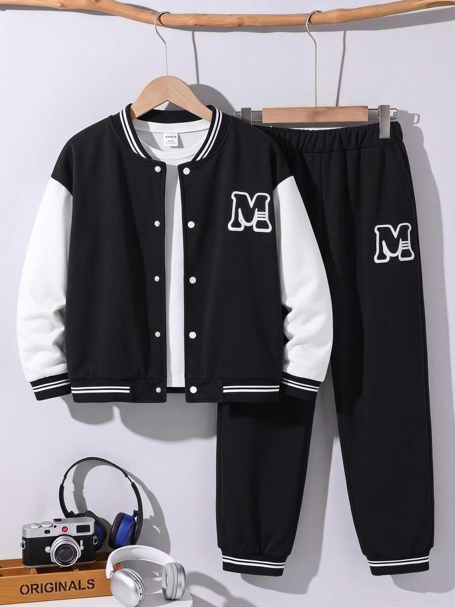 SHEIN 青少年男孩字母印花黑白對比色棒球領夾克與長褲兩件套休閒運動學院風秋季套裝 - 黑色 - 查看 1