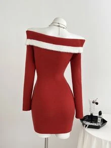 Elamini Women's Sweet Bow Decor Sweater Dress - Red - View 2