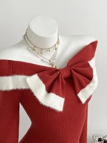 Elamini Women's Sweet Bow Decor Sweater Dress - Red - View 4