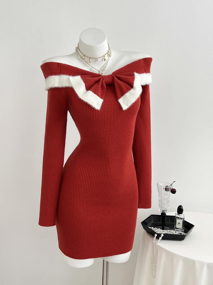 Elamini Women's Sweet Bow Decor Sweater Dress - Red - View 1