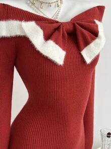 Elamini Women's Sweet Bow Decor Sweater Dress - Red - View 5
