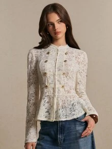 Poéselle Áo khoác thời trang nữ mùa thu kiểu Napoleon Y2K, thiết kế hai hàng cúc, ren bèo gấu áo, phong cách thanh lịch kiểu Pháp, màu be, phù hợp đi chơi và tiệc trà chiều - Màu be - Xem 4
