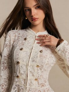 Poéselle Áo khoác thời trang nữ mùa thu kiểu Napoleon Y2K, thiết kế hai hàng cúc, ren bèo gấu áo, phong cách thanh lịch kiểu Pháp, màu be, phù hợp đi chơi và tiệc trà chiều - Màu be - Xem 6