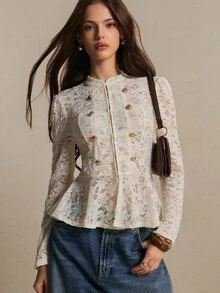 Poéselle Áo khoác thời trang nữ mùa thu kiểu Napoleon Y2K, thiết kế hai hàng cúc, ren bèo gấu áo, phong cách thanh lịch kiểu Pháp, màu be, phù hợp đi chơi và tiệc trà chiều - Màu be - Xem 3
