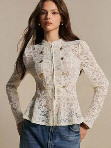 Poéselle Áo khoác thời trang nữ mùa thu kiểu Napoleon Y2K, thiết kế hai hàng cúc, ren bèo gấu áo, phong cách thanh lịch kiểu Pháp, màu be, phù hợp đi chơi và tiệc trà chiều - Màu be - Xem 5