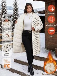 SHEIN Clasi Plus Size Autumn/Winter Thermal Lined Polka Dot Hooded Padded Coat - White - View 9