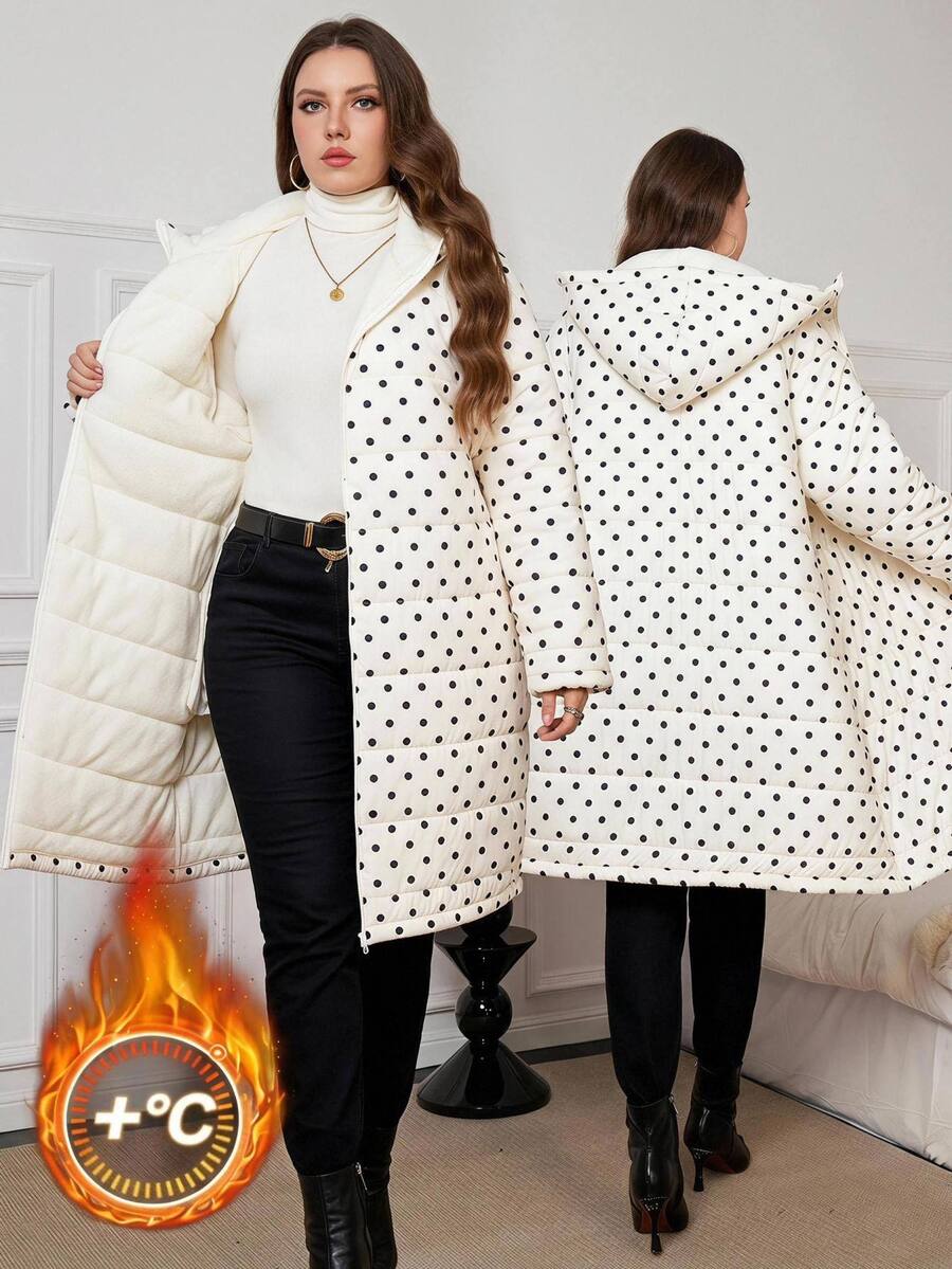 SHEIN Clasi Plus Size Autumn/Winter Thermal Lined Polka Dot Hooded Padded Coat - White - View 1