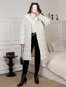 SHEIN Clasi Plus Size Autumn/Winter Thermal Lined Polka Dot Hooded Padded Coat - White - View 4