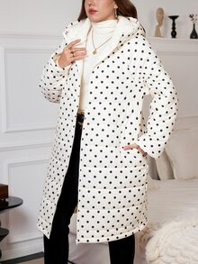 SHEIN Clasi Plus Size Autumn/Winter Thermal Lined Polka Dot Hooded Padded Coat - White - View 3