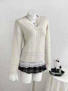 Elamini Women's Lace Patchwork Casual Daily Long Sleeve Sweater - Apricot - View 4