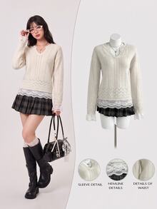 Elamini Women's Lace Patchwork Casual Daily Long Sleeve Sweater - Apricot - View 1