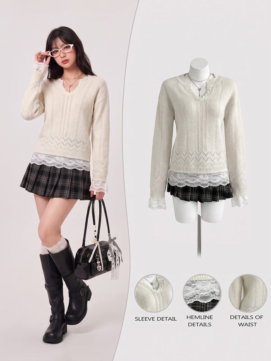 Elamini Women's Lace Patchwork Casual Daily Long Sleeve Sweater - Apricot - View 1