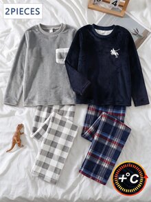 青少年男孩 2 件組睡衣套裝，極簡白色小馬胸前印花與海軍藍格紋法蘭絨，圓領寬鬆長袖上衣與格紋印花長褲，柔軟毛絨面料，保暖親膚舒適休閒居家服，適合秋冬 - 藏蓝色 - 查看 1